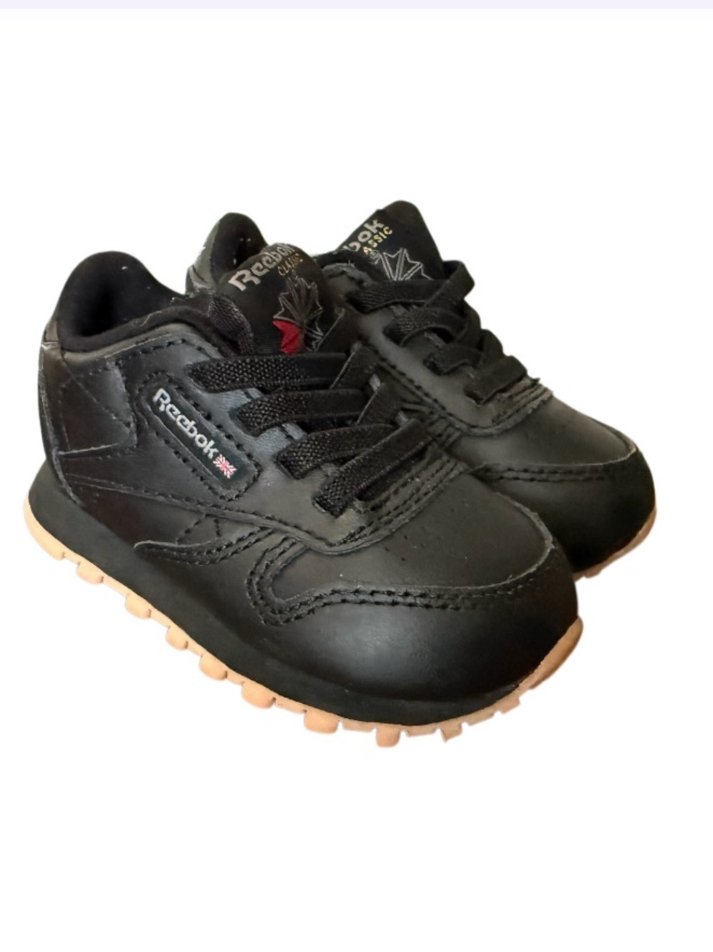 Reebok Kids Classic Black Leather Sneakers with Gum Outsole-Size 4